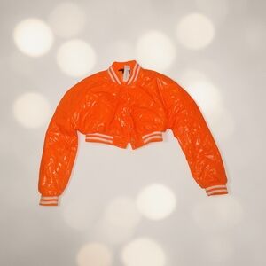 Bright Orange Cropped Bomber Jacket - Women